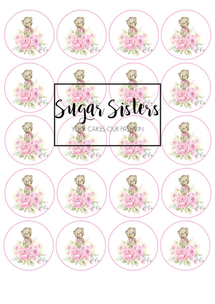 Pink Teddy  Edible Toppers - (20 Toppers)