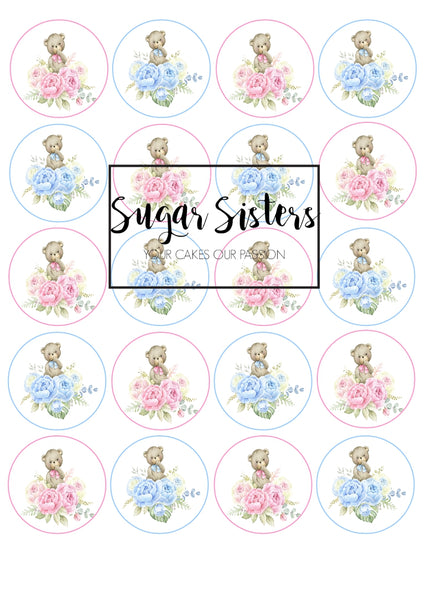 Pink & Blue Teddy  Edible Toppers - (20 Toppers)