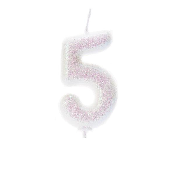 White Glitter Number 5 candle