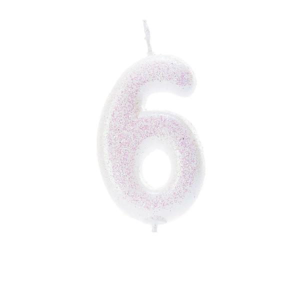 White Glitter Number 6 candle
