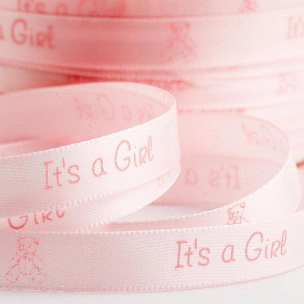 'Its A Girl' Pale Pink Satin Ribbon With Teddy 10mm