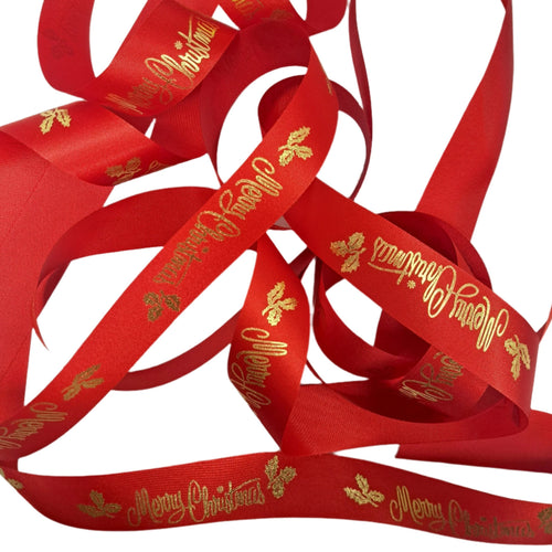 Red Satin Ribbon with Gold Merry Christmas 24mm