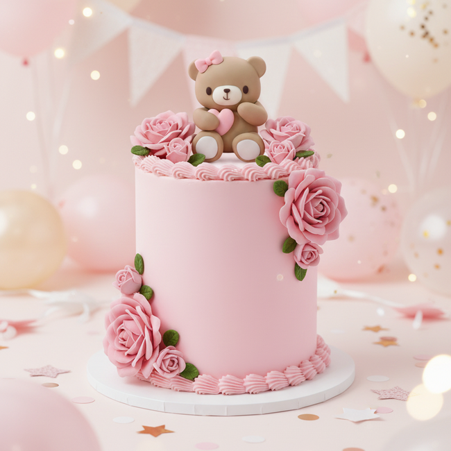 Cute Teddy with Pink Heart Cake Decoration  DECO-CAKE