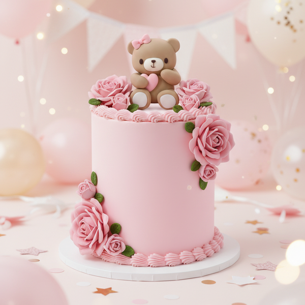 Cute Teddy with Pink Heart Cake Decoration  DECO-CAKE