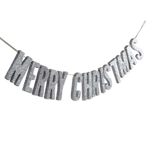 Silver Glitter Merry Christmas Wooden Bunting