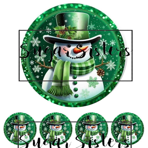 Green Snowman Edible Toppers -  (1 x 6" Disc ) (8 x 2" Discs)