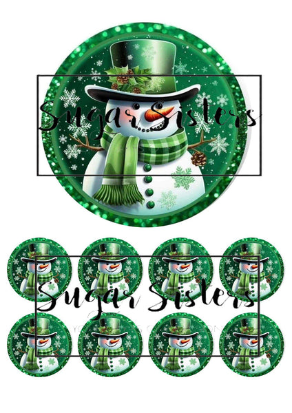 Green Snowman Edible Toppers -  (1 x 6" Disc ) (8 x 2" Discs)