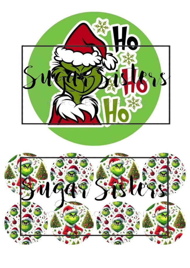Grinch Ho Ho Ho Edible Toppers -  (1 x 6" Disc ) (8 x 2" Discs)