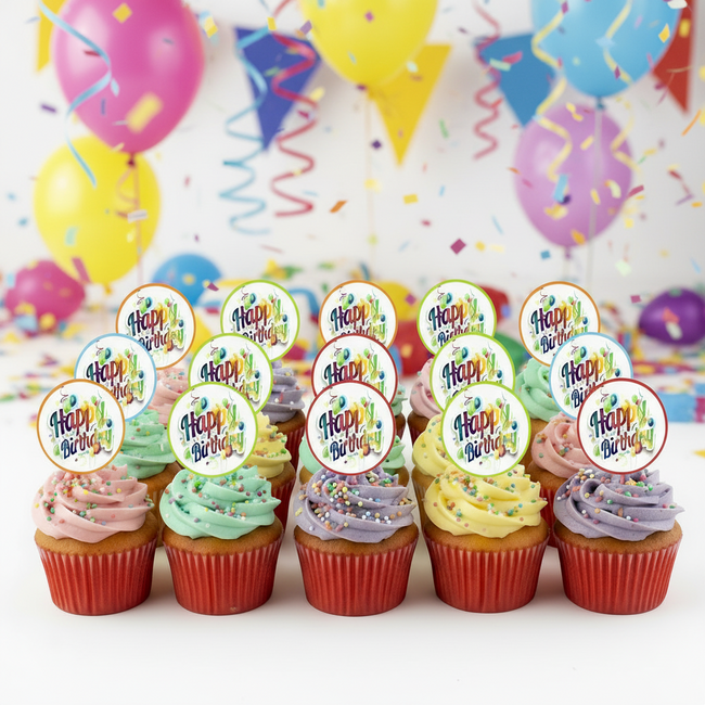 Happy Birthday Edible Toppers - (20 Toppers)