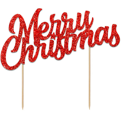 Glitter Merry Christmas Cake Topper Red