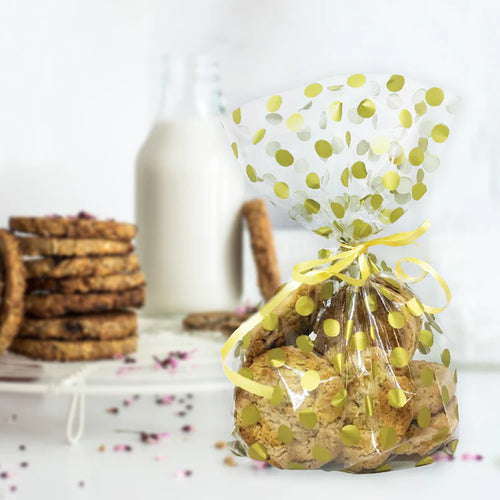 Gold Polka Dot Cello Treat Bags with Twist Ties Pk 20