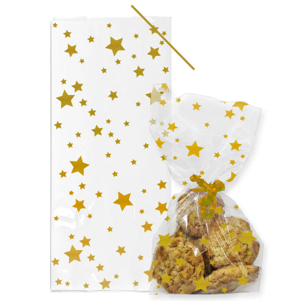 Gold Star Cello Treat Bags with Twist Ties Pk 20
