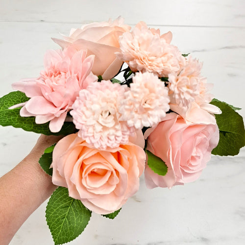 30cm Pink Tied Bundle Rose, Dahlia, Marigold