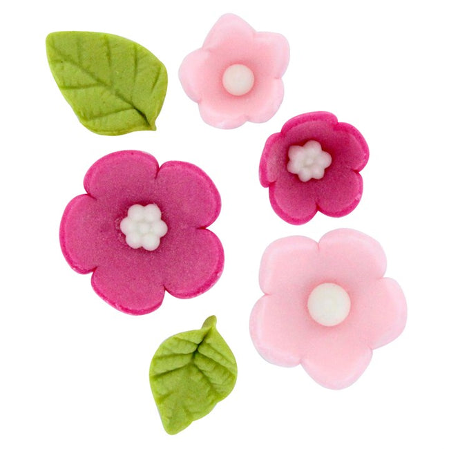 Sugar Decoration Pink Flowers and Leaves  Pk 16