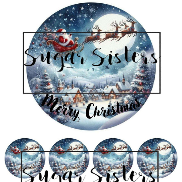 Santa on Sleigh Edible Toppers -  (1 x 6" Disc ) (8 x 2" Discs)