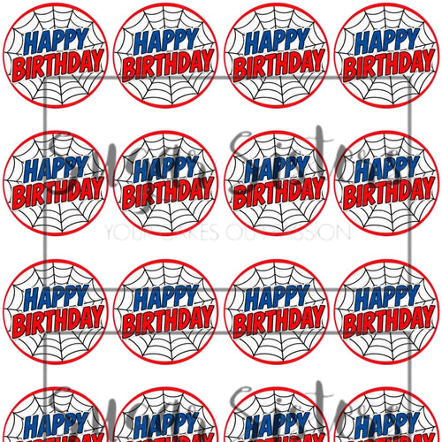 SpiderWeb Happy Birthday  Edible Toppers - (20 Toppers)