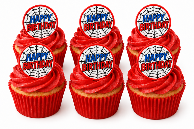 SpiderWeb Happy Birthday  Edible Toppers - (20 Toppers)