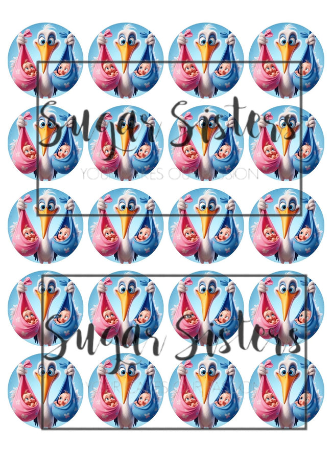 Stork Boy Girl Edible Toppers - (20 Toppers)