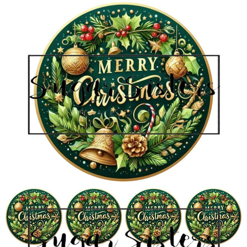 Traditional Merry Christmas Edible Toppers -  (1 x 6" Disc ) (8 x 2" Discs)