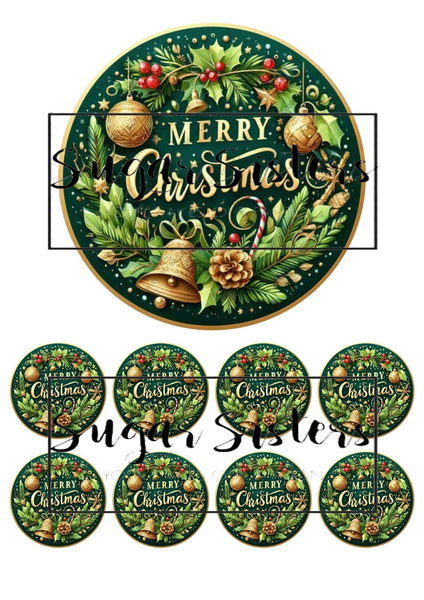 Traditional Merry Christmas Edible Toppers -  (1 x 6" Disc ) (8 x 2" Discs)