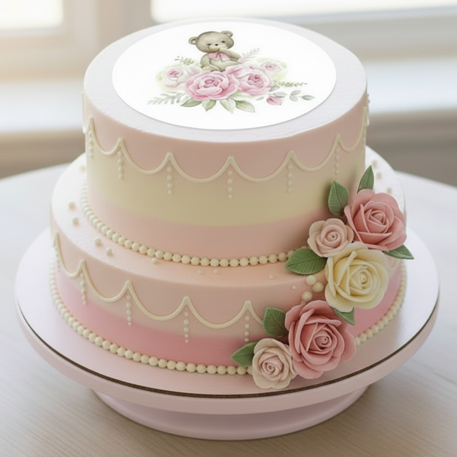 Pink Teddy  Edible Topper - (1 x 6" Disc )