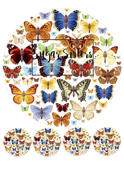 Butterflies Multi  Edible Topper - (1 x 8" Disc ) (4 x 2" Discs)