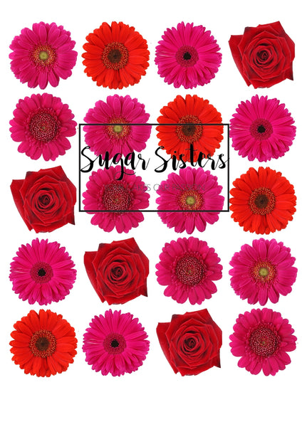 Hot Pink/Red Flowers Edible Toppers - (20 Toppers)