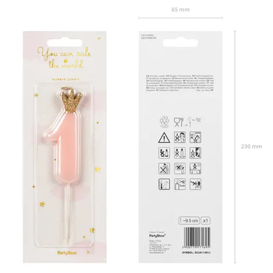 Crown Candle No 1 Pink 9.5cm