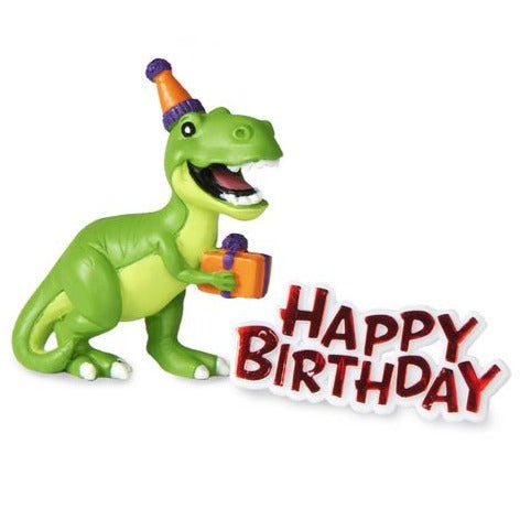 Dinosaur & Gift Resin Topper & Red Happy Birthday Motto