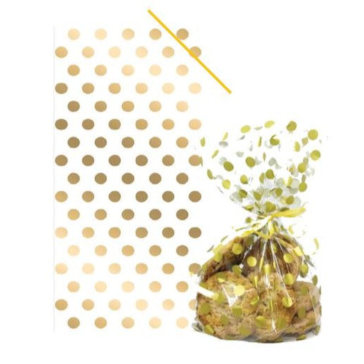 Gold Polka Dot Cello Treat Bags with Twist Ties Pk 20