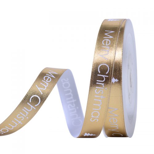 Gold Foil Merry Christmas 16mm Ribbon per Metre