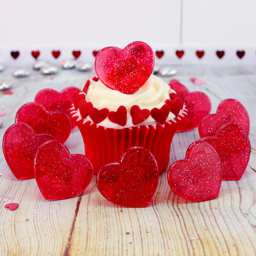Red Heart Glitter  Ring Cupcake Decoration Pk 6