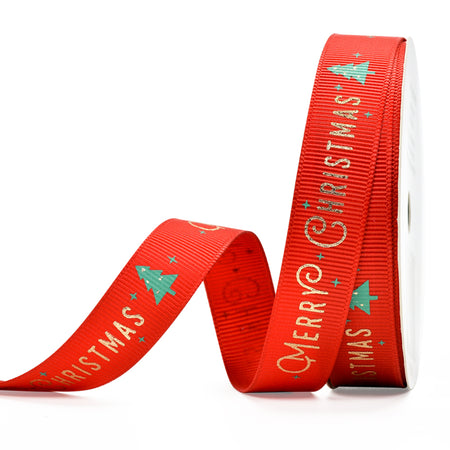 Green with Gold Merry Christmas 16mm  Ribbon per Metre