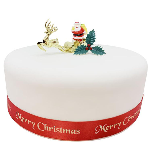 Santa & Golden Sleigh Plastic Cake Topper & Holly Pick