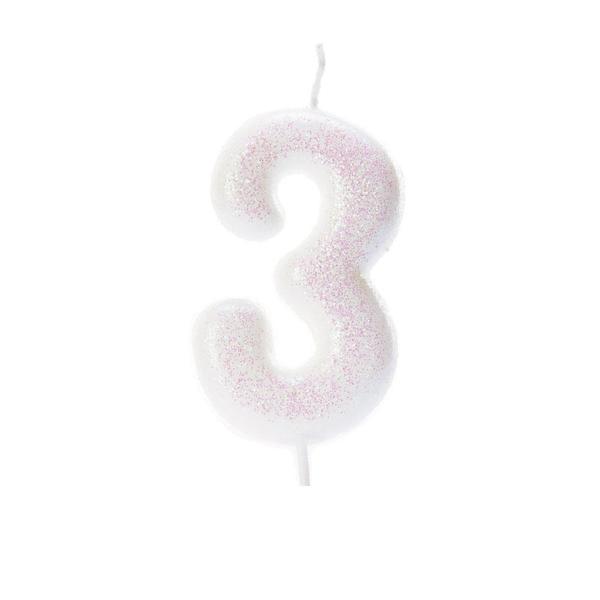 White Glitter Number 3 candle