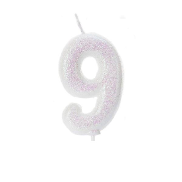 White Glitter Number 9 candle