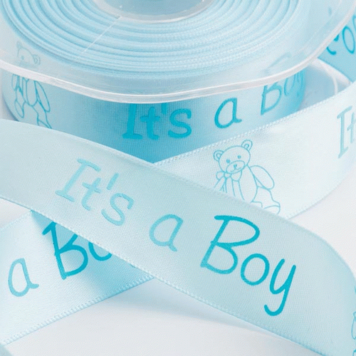 'Its A Boy' Pale Blue Satin Ribbon With Teddy 25mm