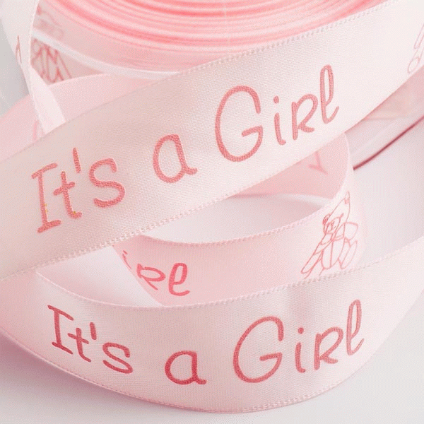 'Its A Girl' Pale Pink Satin Ribbon With Teddy 25mm